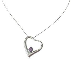Sterling Silver Amethyst Heart Pendant Necklace – 17.5" Chain, Great Condition